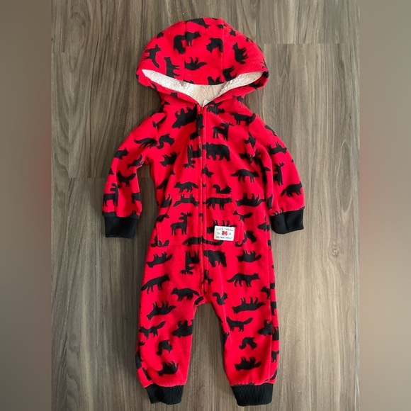 Carters baby Red and Black animal pattern fleece onesie with hoodie size 9M - Picture 1 of 5
